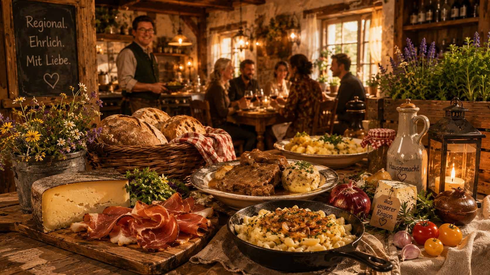 Regionale Speisen auf einem gedeckten Tisch